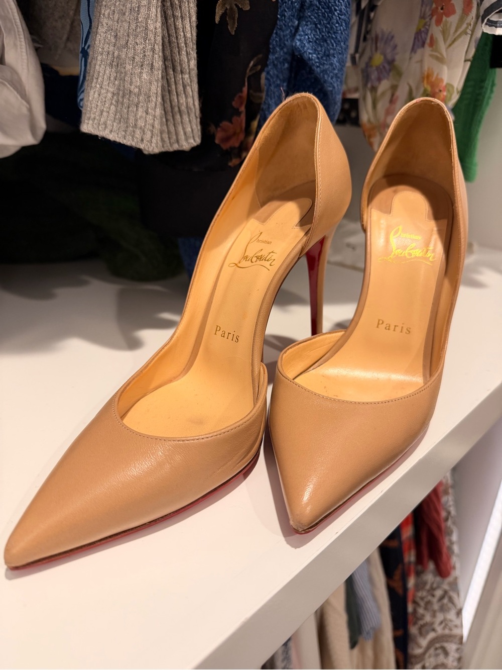 Christian Louboutin Beige Leather Pointed-Toe Pumps with Red Sole
